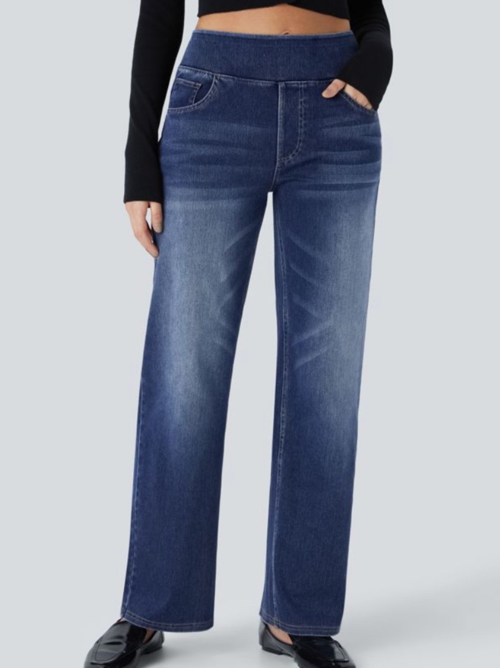 HALARA Straight-Leg Pull-On Jeans in Dark Blue
